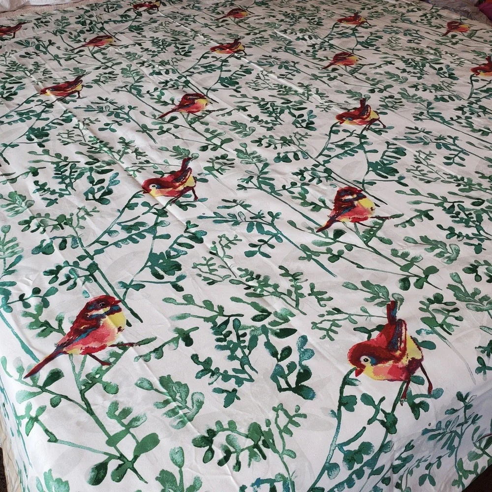 Pier 1 Imports Bird Botanical Cotton Shower Curtain White Green Red Watercolor